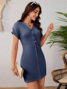 OLISGAR Women's Plain Dress, V-Neck Dress, Rolled Sleeve Dress, Short-Sleeved Dress, Ruched Trim Dress, Button Design Dress - 藍色 - 查看 3