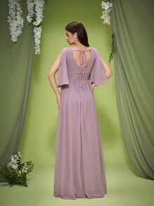 Mgiacy New Arrival V Neck Solid Color Bridesmaid Dress Ruched Flounce Sleeve Chiffon Long Dress - Lilac Purple - View 2
