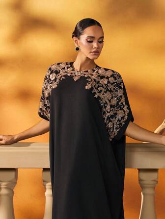 AmazingHoney Legant Black Short-Sleeve Kaftan Dress With Gold Beaded Details Women's Long Gown (Oversized Fit– Please Check Size Chart)
