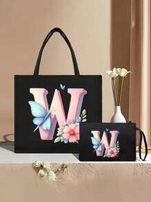 Color Gradient Butterfly Flower Letter A-Z Pattern Tote And Cosmetic Bag Set, Casual Style, Fabric Structure - Black - View 52