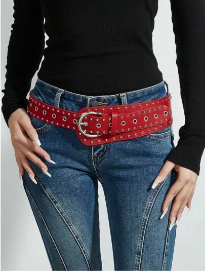 1 件女士深色西部风格宽腰带，配有重型铆钉装饰，适合万圣节夏季、学校秋季、秋季、万圣节