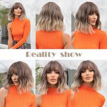 Women Bob Wigs With Bangs Short Wig With With Dark Roots Hair For Daily Use - Black - View 7