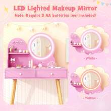 Laicejoy Laicejoy Kids Vanity Set, Dressing Table With Chair, 2-Color Front Lit Mirror, 2 Drawers, Open Storage Shelve, 3 Hooks