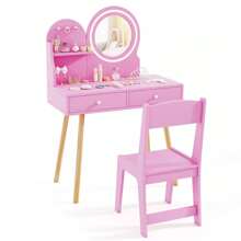 Laicejoy Laicejoy Kids Vanity Set, Dressing Table With Chair, 2-Color Front Lit Mirror, 2 Drawers, Open Storage Shelve, 3 Hooks