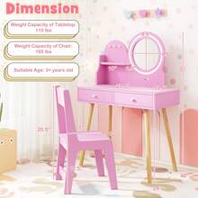 Laicejoy Laicejoy Kids Vanity Set, Dressing Table With Chair, 2-Color Front Lit Mirror, 2 Drawers, Open Storage Shelve, 3 Hooks