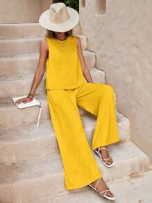 Solid And Stylish Two Piece Set, Sleeveless Tank Top And Loose Wide Leg Pants, Women's Clothing - 黃色 - 查看 1