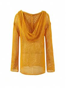 性感针织镂空 V 领连帽长袖海滩迷你连衣裙 2025 年夏季女士休闲泳衣罩衫