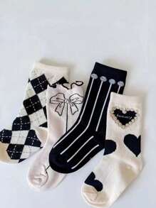 4 Pairs Black & White Ruffle Edge Princess Socks, Heart & Diamond Pattern Mid-Calf Socks, Suitable For Students To Pair With Casual Shoes, Loafers, And Sneakers