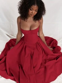 French Vintage Long Dresses With Halter - 紅色 - 查看 4