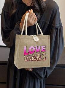 Love Themed Leopard Print Handbag, Love Vibes Letter Pattern, Reusable Printed Women's Handbag, Double Handle Shopping Backpack, Large Capacity Shoulder Bag, Casual Handbag, Christmas Storage Bag, Suitable For Commuting, School And Shopping, Convenient For Outdoor Use, Perfect For Gifting To Friends And Family, Teachers, Holidays And Festivals, Valentine's Day Gift