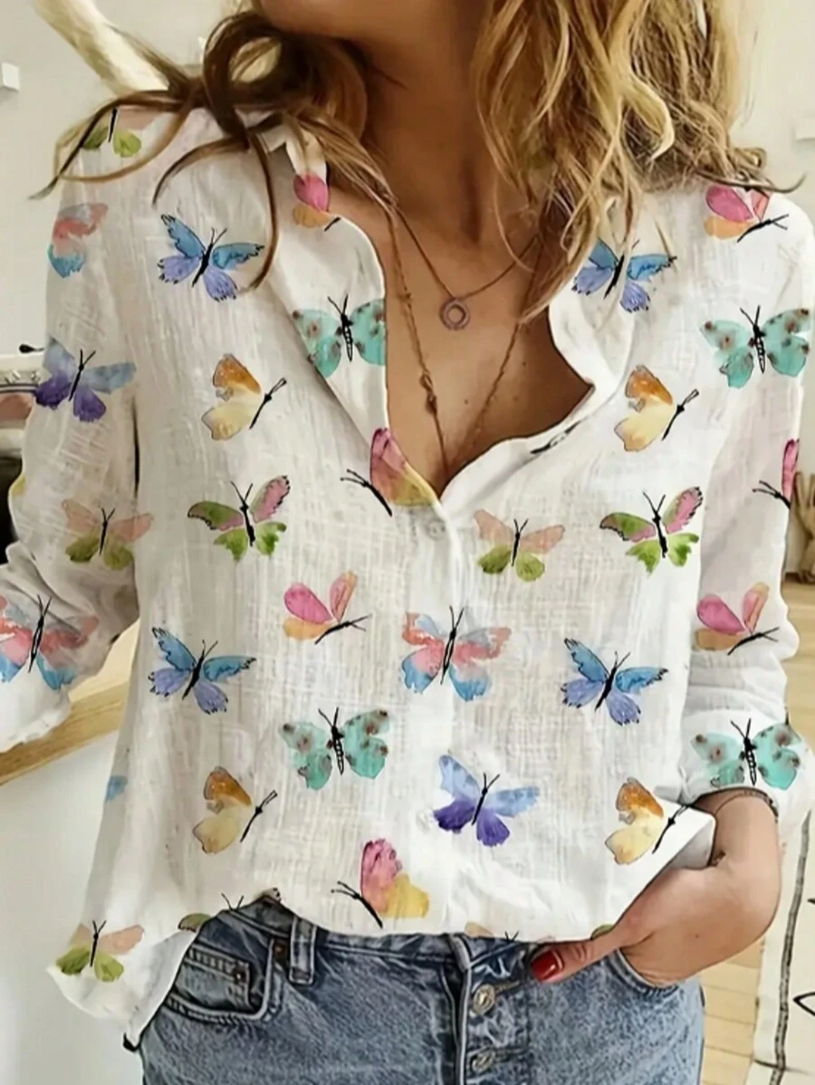 Butterfly Print Button Front Shirt, Spring And Autumn Casual Long Sleeve Shirt, Women's Comfortable Cotton And Linen Shirt - trắng - Xem 1