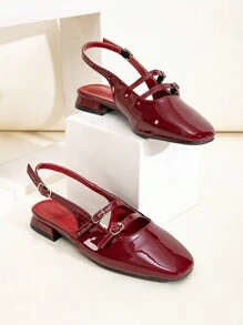 Zapatos planos de mujer talla grande de color rojo vino elegantes, versátiles y casuales, con hebillas decorativas, tiras en la parte trasera y tacón ancho brillante - Burdeos - Ver 2