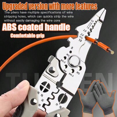 1pc 21.59cm Industrial Grade Electrician Pliers Set Including Anti-Cut Work Gloves, Multi-Function Cable Stripper, Stainless Steel Wire Cutter & Stripper For Wiring, Cutting, Stripping, Crimping, Gripping, Twisting, Prying, Metal Structure