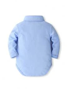 KIMOCAT Baby Boy Solid Color Long Sleeve Bodysuit, Autumn/Spring - Blue - View 2
