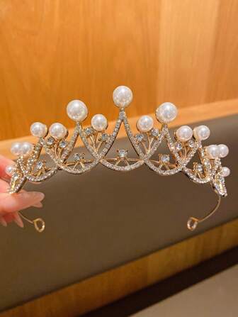 1 件金色合金仿珍珠皇冠，优雅时尚发箍适合日常使用