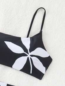 New Fashion Women Sexy Black & White Floral Print Halter Backless 2-Piece Bikini Swimwear, Perfect For Beach Holiday, Summer