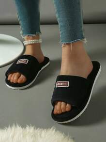 女士新款一脚蹬拖鞋，舒适室内家居单趾拖鞋，静音柔软布艺情侣拖鞋 - 黑色 - 查看 1