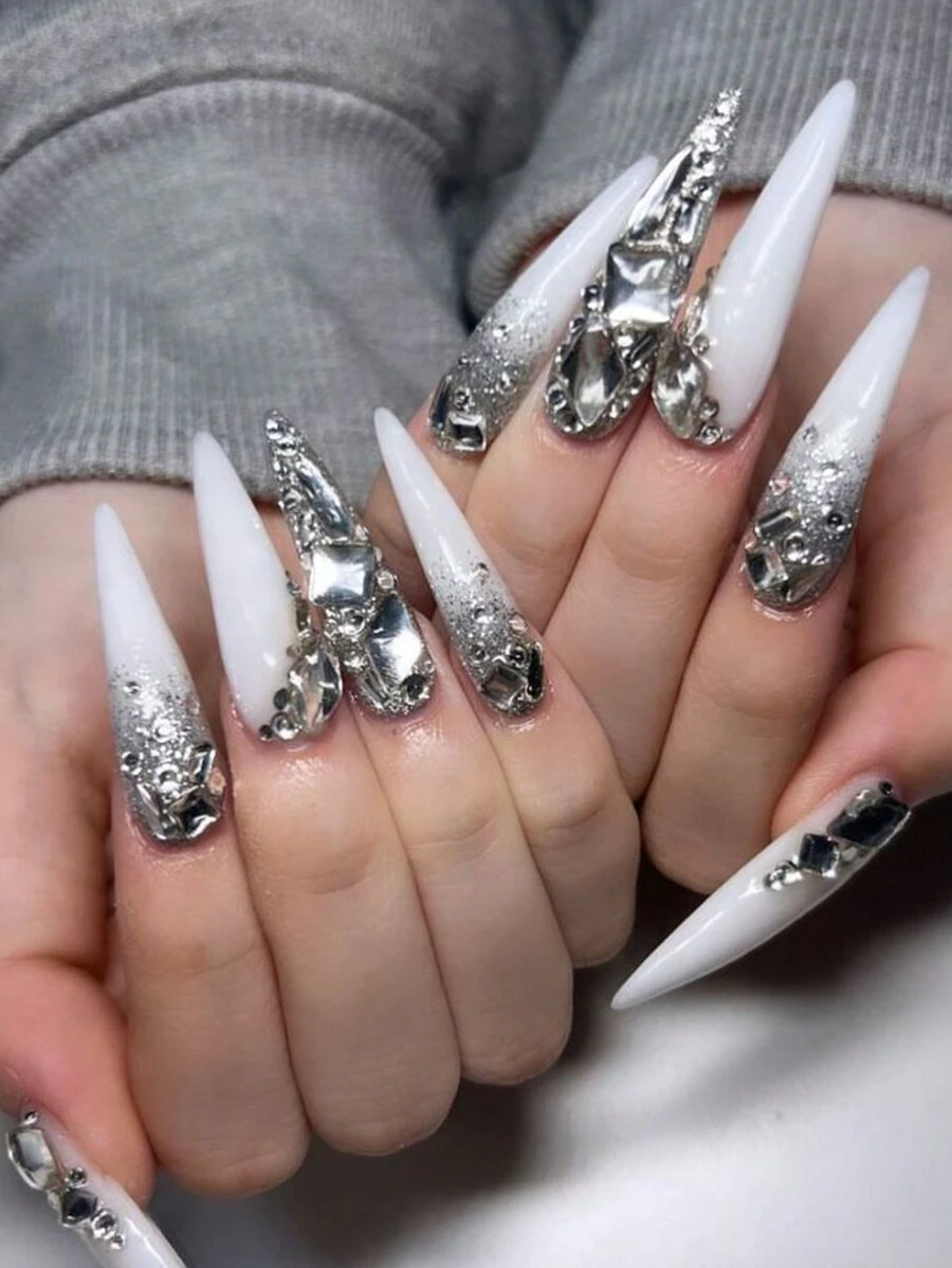 New Year's Nail Long Nails Press On Stiletto Nails Press Ons White Fake Nails With Rhinestone Designs False Nails Claw Nails 24Pcs - Multicolor - View 1