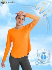 Top de sport léger à manches longues pour femme, chemise respirante de randonnée et de plein air contre le soleil pour le printemps/été - Orange brûlé - Voir 4