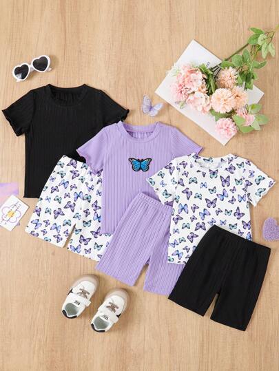 3pcs/Set Young Girls Butterfly Print Solid Color Short Sleeve Shorts Casual Outfits