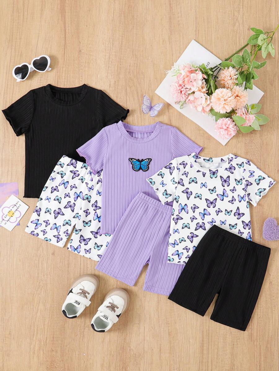 3pcs/Set Young Girls Butterfly Print Solid Color Short Sleeve Shorts Casual Outfits - Black - View 1