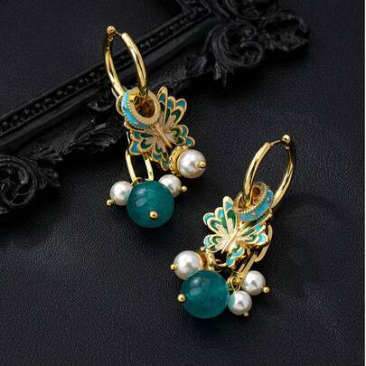 1 Pair Retro Luxurious High-End Enamel 3D Butterfly & Bead Pearl Earrings For Women, Suitable For Cheongsam And A-Line Skirt, Mother's Day Gift