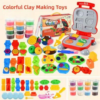 DIY Modeling Clay Play Dough Extruder Set Kit, Includes Ice Cream, Pasta, Rolling Pin, Cutting Tools, Scissors, For Kids Educational Toys, Holiday/Birthday Party Gifts (Partial Colors & Others Are Random), Play Dough, Playdough Tools