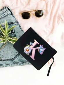 Color Gradient Butterfly Flower Letter A-Z Pattern Tote And Cosmetic Bag Set, Casual Style, Fabric Structure - Black - View 16