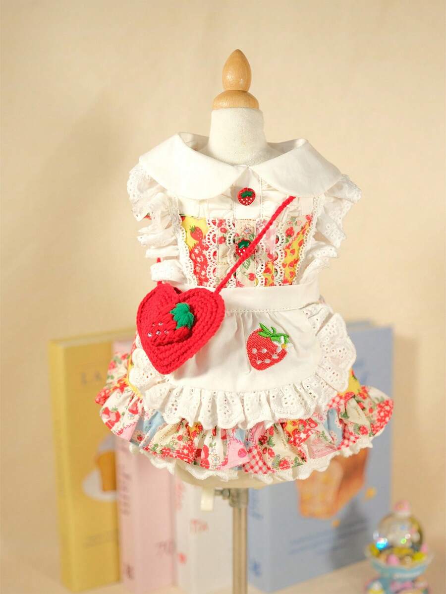 1pc Handmade Pet Dress, Strawberry Skirt & Backpack - Comfortable Fabric - Red and White - View 1