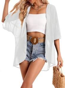 Áo kiểu voan màu trơn dài cho nữ, thích hợp mặc đi biển mùa hè, kiểu dáng mở phía trước, nhẹ nhàng, kiểu khăn choàng, màu trắng thường ngày. - trắng - Xem 3