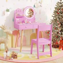 Laicejoy Laicejoy Kids Vanity Set, Dressing Table With Chair, 2-Color Front Lit Mirror, 2 Drawers, Open Storage Shelve, 3 Hooks