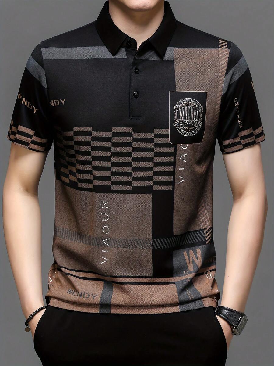 Men's Summer Short Sleeve Ice Silk Polo Shirt,Men's Summer Plaid Short Sleeve Button Down Shirt - 黑色 - 查看 1