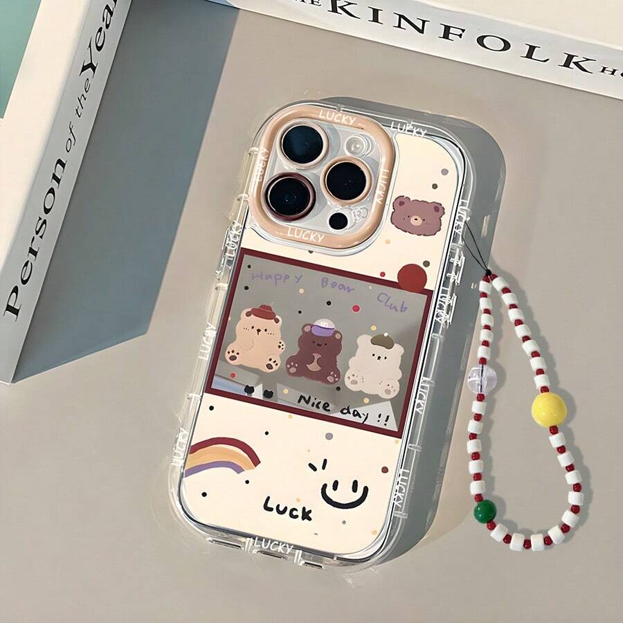 手机吊饰，手机挂绳，一只熊，彩虹，表情符号，卡通，一面镜子手机保护壳可用作化妆镜兼容iPhone16/7/8/11/12/13/14/15/X/XR/Xs/Plus/Pro/Pro Max/SE2 - 米色 - 查看 1