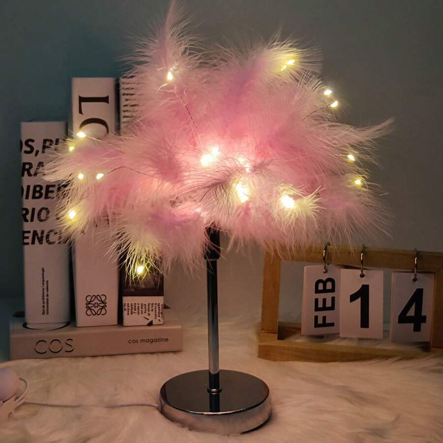 Pink Feather Lamp, LED Atmosphere Feather Night Light Night Lamp For Mother, Girlfriend, Home Girl Room, Wedding Decoration - 粉色 - 查看 1