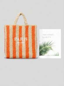 Spring And Summer Striped Handmade Straw Bag Women Embroidery Letter Beach Holiday Shoulder Bag Clashing Colours Paper Woven Small Handbag (Pendant Not Included)