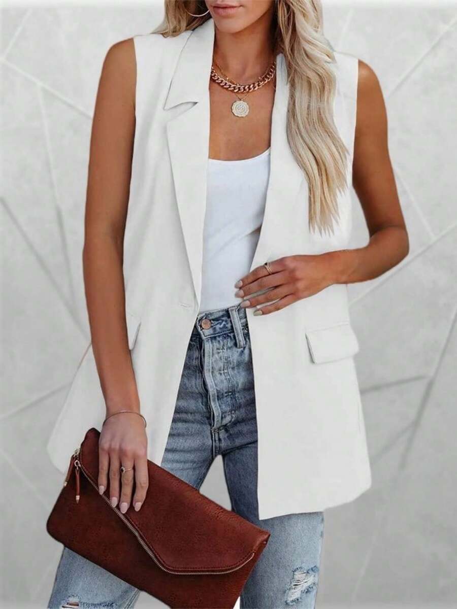 Women's Summer Sleeveless Blazer Vest Open Front Single Button Jacket With Pockets - 白色 - 查看 1