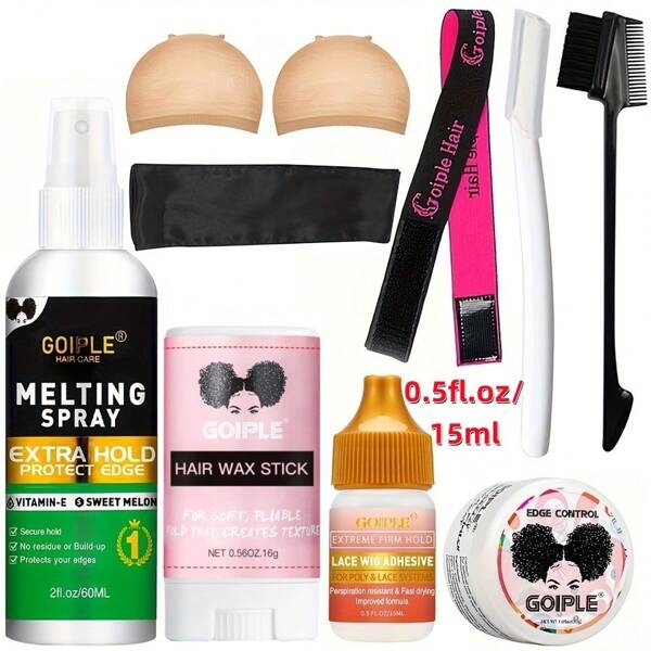 GOIPLE - Kit d'installation de perruque de 10 pièces comprenant: 2 fl.oz Spray de fusion de dentelle, 15 ml/38 ml Colle à perruque imperméable, 0,56 oz Stick de cire capillaire, 1,05 oz Gel de contrôle des bords, 1 fl.oz Dissolvant adhésif, Couteau pour taillage des sourcils, Casquettes de perruque HD, Foulard pour coiffure des bords, Bande de fusion de dentelle pour perruques en dentelle, Brosse double tête, Accessoires de coiffure
