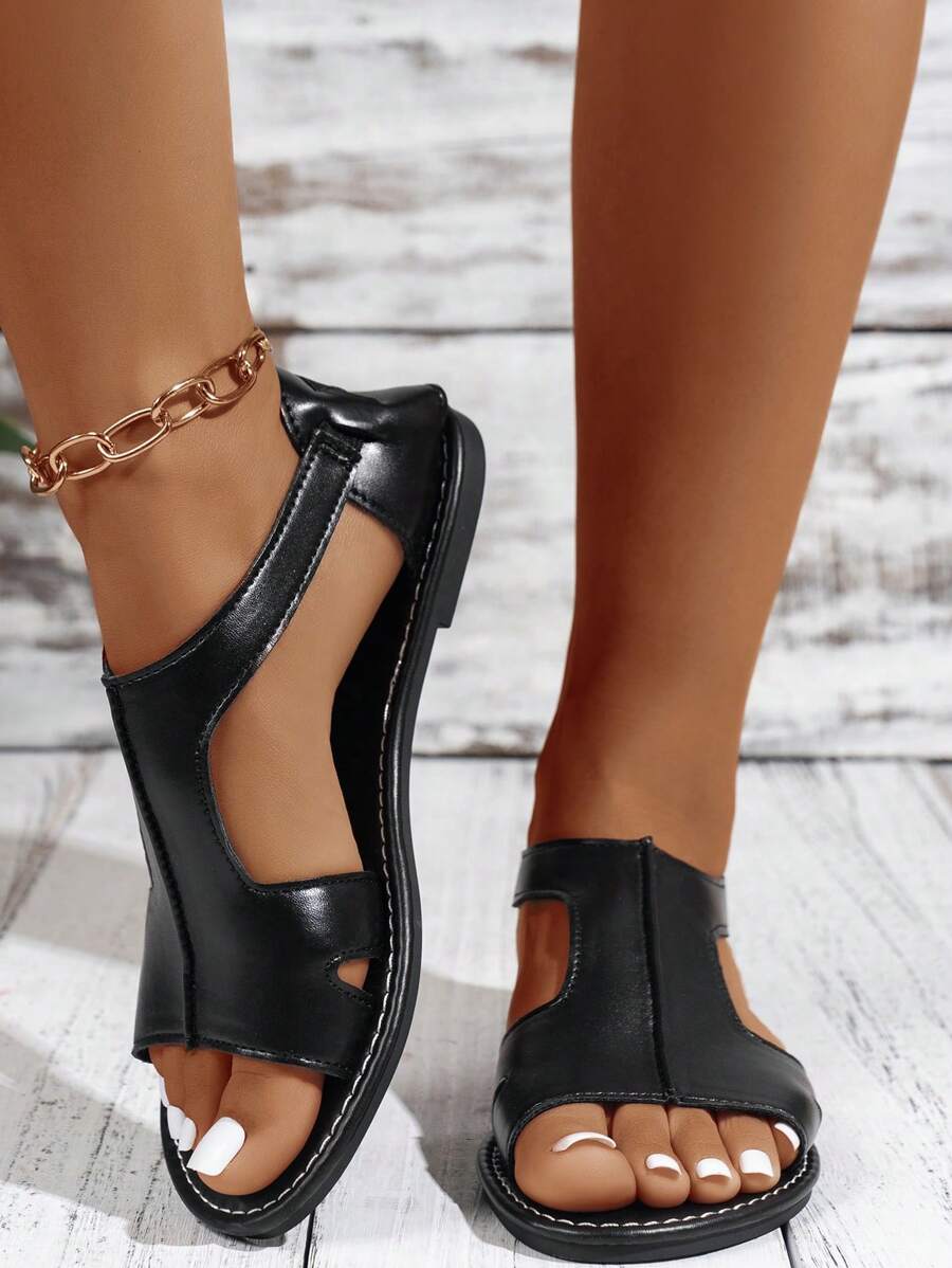 Sandalias planas tipo zueco con abertura en los dedos y correas elásticas en la parte trasera, tallas grandes para mujer - Negro - Ver 1