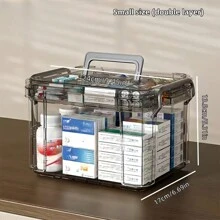 大容量双层透明PVC药品收纳盒 - 取用方便，适合居家及旅行，无需电源，轻巧便携，磨砂表面，可放置于台面，独立设计，容量小于3.2立方英尺，最大高度27英寸，防水，翻盖式封口，多用途收纳盒 - 灰色 - 查看 5