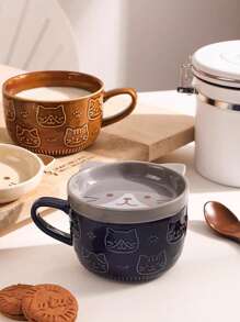 1pc Cute Cat Hand-Painted Ceramic Coffee Mug With Lid, Underglaze Colored Breakfast Cup, Tea Cup, Gift
