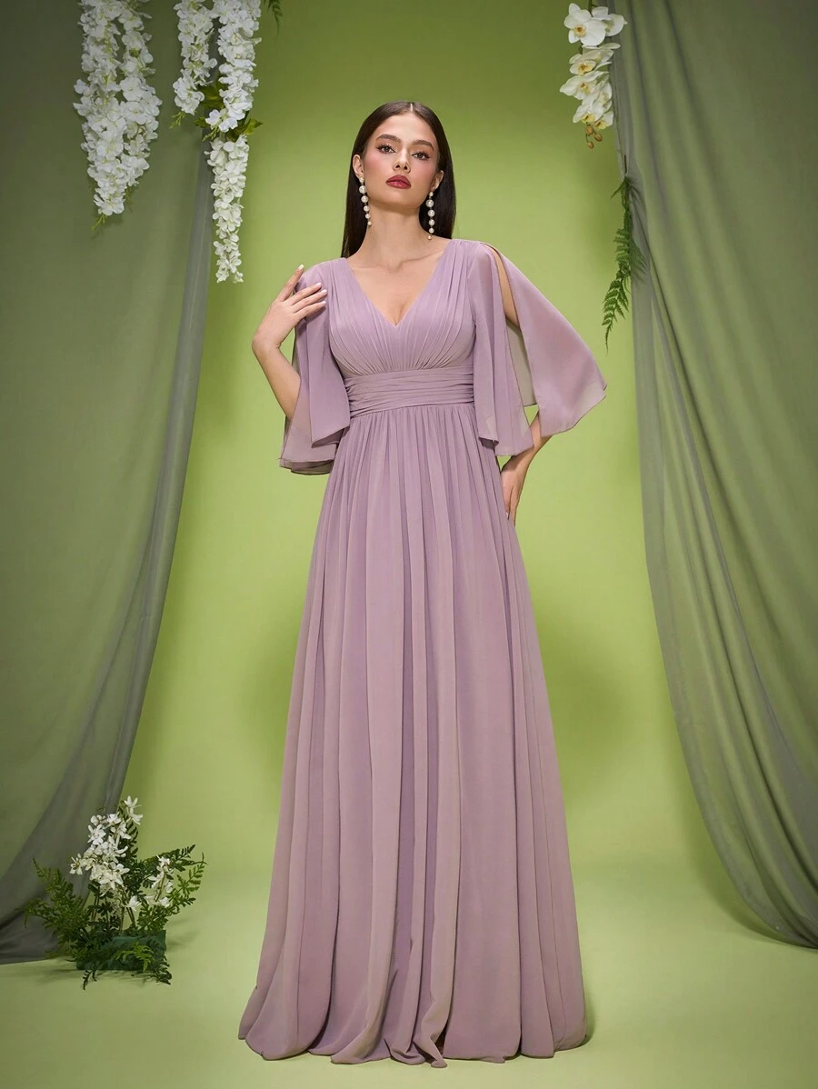 Mgiacy New Arrival V Neck Solid Color Bridesmaid Dress Ruched Flounce Sleeve Chiffon Long Dress - Lilac Purple - View 1