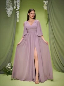 Mgiacy New Arrival V Neck Solid Color Bridesmaid Dress Ruched Flounce Sleeve Chiffon Long Dress - Lilac Purple - View 3