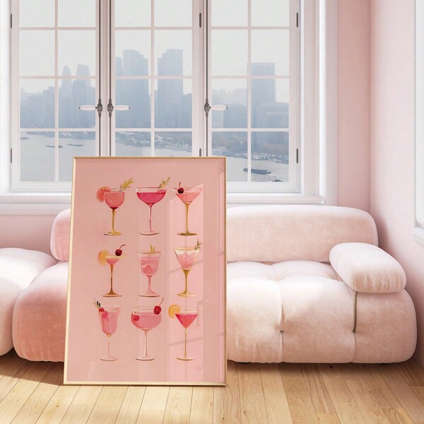 1pc, Canvas Hanging Painting, Framed Decorative Painting, Pink Bar Cart Printable Mural, Cocktail Poster, Kitchen Wall Decoration, Girly Large Print, Party Decoration Printable, Vintage Fashion, Bar Art, Wall Decoration
