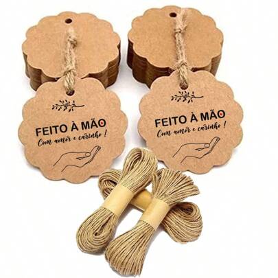 100 Tags de Papel kraft Personalizado com Feito á Mão - com fio de juta - 6x6 cm