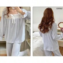 COTOLO Conjunto de Pijama de Mujer con Encaje Cuello Cuadrado Moño Estilo Holgado a Cuadros Multicolor y Dulce para el Hogar Conjunto de Pijama de Mujer,pijamas de mujer,pijama,pans de mujer,pijamas - Azul y blanco - Ver 7