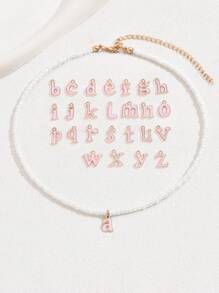 1 Pc Fashionable And Elegant Beaded Lowercase Initials Necklace Cute Pink 26 Letter Beaded Necklace Suitable For Girls' Birthday Gifts