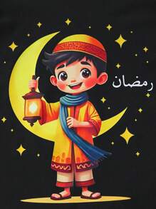 2 件套幼儿男童斋月印花短袖 T 恤和裤子套装，休闲时尚春夏 - 黑色 - 查看 5