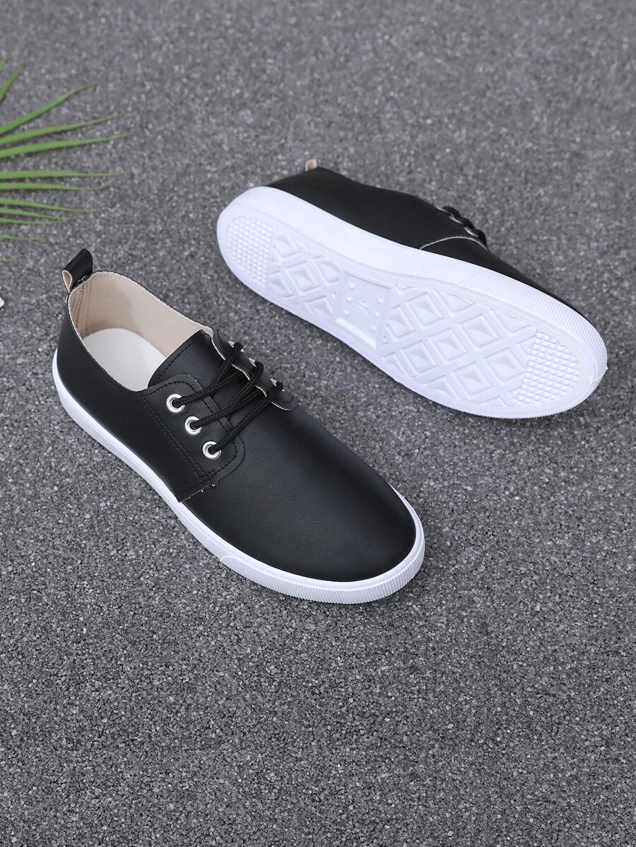Versatile Black Lace-Up Flat Shoes, Casual Simple Korean Style Canvas Sneakers, Suitable For Plus Size