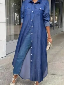 Loose Shirt Dress With Buttons Front, Casual Solid Color Split Hem Dress In Spring And Autumn, Shirt Dresses For Women - 中等水洗藍 - 查看 2