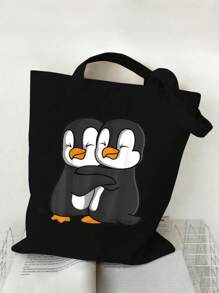 2件套可爱企鹅印花手提包套装 - 女士时尚手提包，带小型拉链化妆包，可重复使用购物袋，小巧设计，适合日常使用 - 黑色 - 查看 2